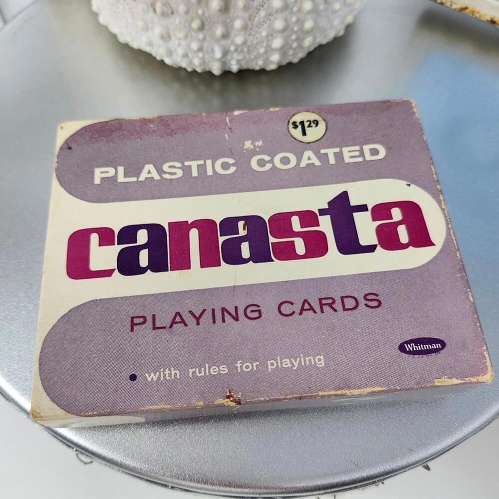 Vintage Whitman Canasta Playing Cards Plastic Coated Floral Art Deck Set